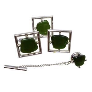Green Lucite Square Cufflinks Tie Tack Sarah Coventry Pin New Yorker Silver MCM